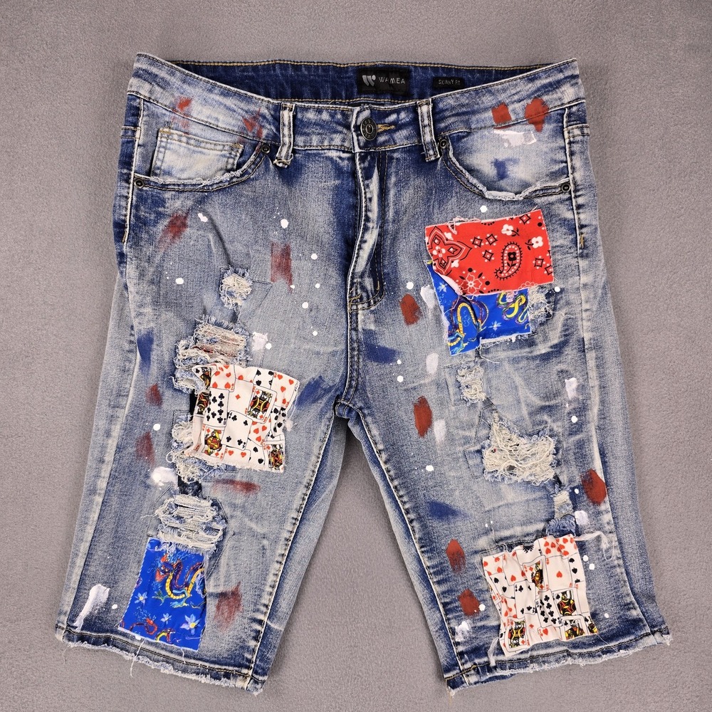 Waimea Shorts Mens 32 Patchwork Distressed Denim Skinny Fit Paint Playing Cards